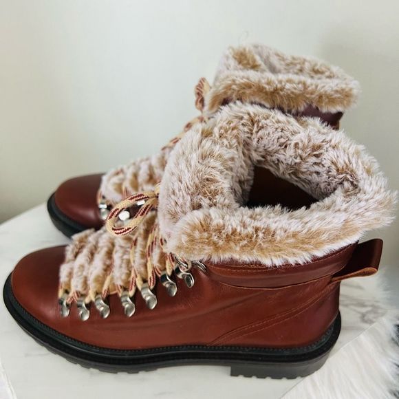 Zara Leather Lace Up Mountain Faux Fur Ankle Boots, Brown, Euro 38 (US 8), NWOT - Picture 11 of 15